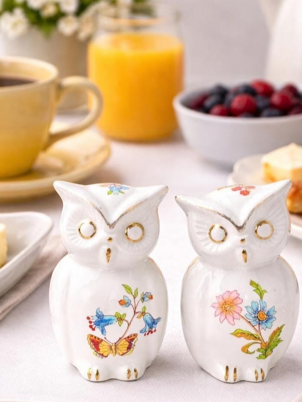White Porcelain Owl Figurine Salt & Pepper Set with Floral and Butterfly Motifs
